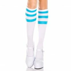 None ATHLETIC STRIPE KNEE HIGH SOCKS WHITE/NEON BLUE Neon Dreams