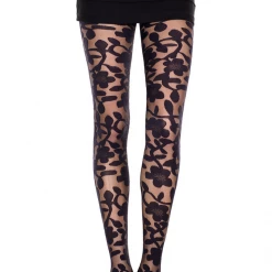 None BLACK FLORAL DESIGN STOCKINGS