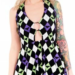 SOURPUSS BAT ARGYLE PEEKABOO HALTER DRESS