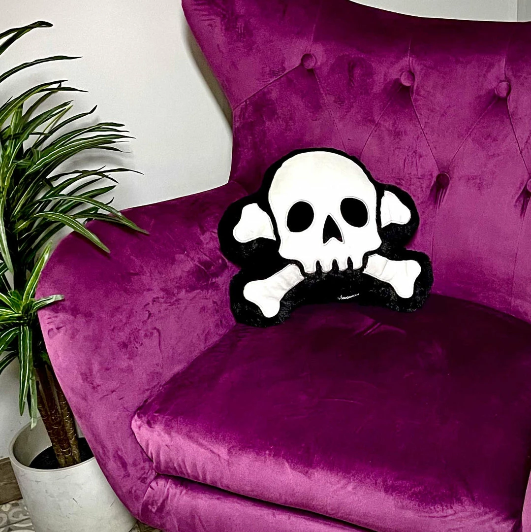 Wholesale ๐ Haunted Homewares SOURPUSS FURRY SKULL & BONES PILLOW ๐งจ 6 Haunted Homewares SOURPUSS FURRY SKULL & BONES PILLOW