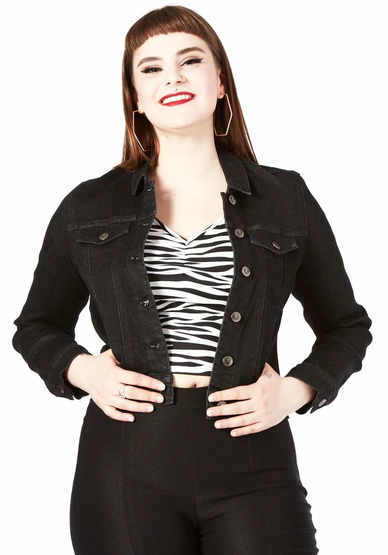 New 🥰 SOURPUSS ESSENTIAL STRETCH DENIM JACKET BLACK 😉 3 SOURPUSS ESSENTIAL STRETCH DENIM JACKET BLACK