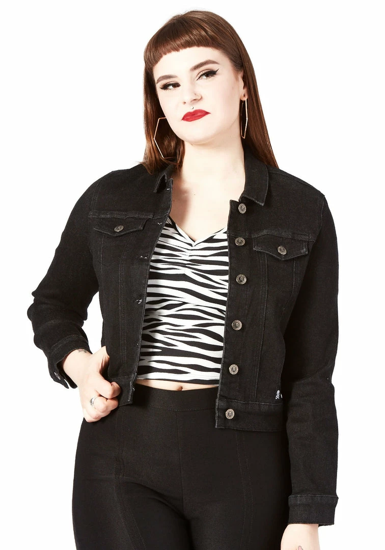 New 🥰 SOURPUSS ESSENTIAL STRETCH DENIM JACKET BLACK 😉 4 SOURPUSS ESSENTIAL STRETCH DENIM JACKET BLACK