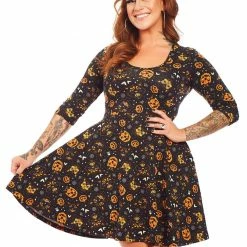 SOURPUSS CLASSIC HALLOWEEN 3/4 SLEEVE SKATER DRESS BLACK
