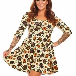 Shop Sour+Plus SOURPUSS CLASSIC HALLOWEEN 3/4 SLEEVE SKATER DRESS CREAM