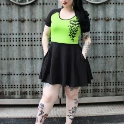 SOURPUSS NOKTURNAL BATS RAGLAN SKATER DRESS GREEN Neon Dreams