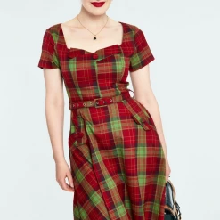VOODOO VIXEN MARINE PLAID BELTED SWING DRESS