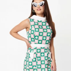 SMAK PARLOUR GREEN & PINK CHECKERBOARD DAISY PRINT MOD TOP Shop Sour+Plus