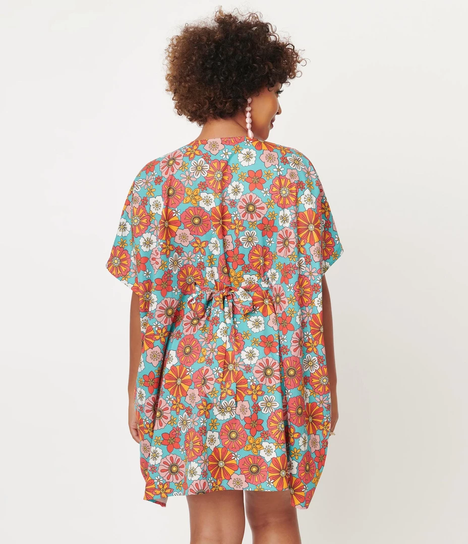 Coupon 👏 Ghouls Just Wanna Have Sun SMAK PARLOUR TURQUOISE & CORAL RETRO FLORAL ROPER CAFTAN ✔️ 5 Ghouls Just Wanna Have Sun SMAK PARLOUR TURQUOISE & CORAL RETRO FLORAL ROPER CAFTAN