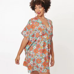 Coupon 👏 Ghouls Just Wanna Have Sun SMAK PARLOUR TURQUOISE & CORAL RETRO FLORAL ROPER CAFTAN ✔️ 9 Ghouls Just Wanna Have Sun SMAK PARLOUR TURQUOISE & CORAL RETRO FLORAL ROPER CAFTAN