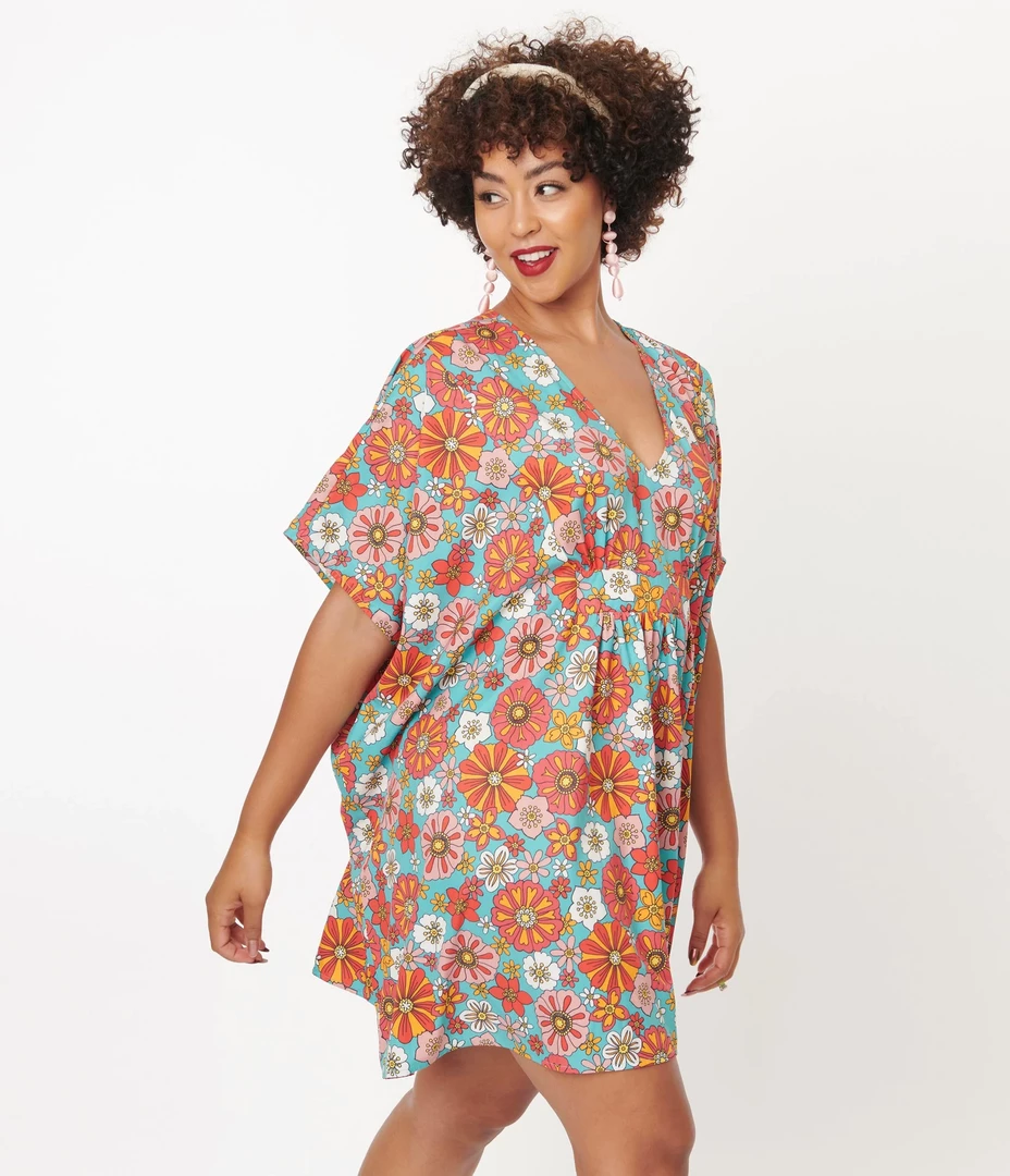 Coupon 👏 Ghouls Just Wanna Have Sun SMAK PARLOUR TURQUOISE & CORAL RETRO FLORAL ROPER CAFTAN ✔️ 6 Ghouls Just Wanna Have Sun SMAK PARLOUR TURQUOISE & CORAL RETRO FLORAL ROPER CAFTAN