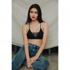 None THALIA LACE UP FRONT BRALETTE BLACK Apparel