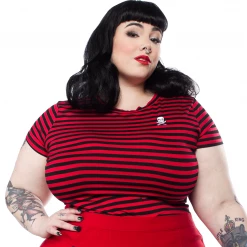 Shop Sour+Plus SOURPUSS STRIPED JOLLY ROGER CREW NECK TOP RED/BLK