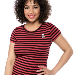 Shop Sour+Plus SOURPUSS STRIPED JOLLY ROGER CREW NECK TOP RED/BLK