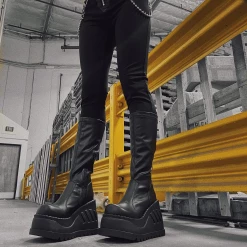 DEMONIA STOMP WEDGE HEEL KNEE HIGH BOOT BLACK Footwear